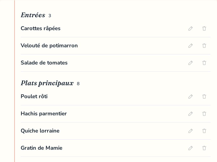 Le carnet Mes plats : une page lignée avec les entrées et les plats principaux de la famille.